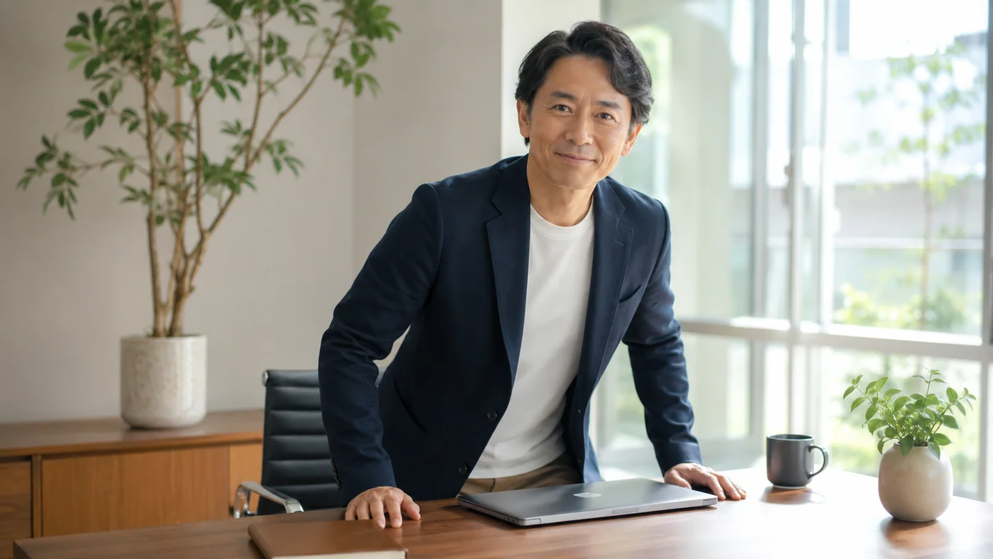 明るいオフィスで穏やかに微笑みノートパソコンを閉じて立ち上がろうとする40代男性経営者