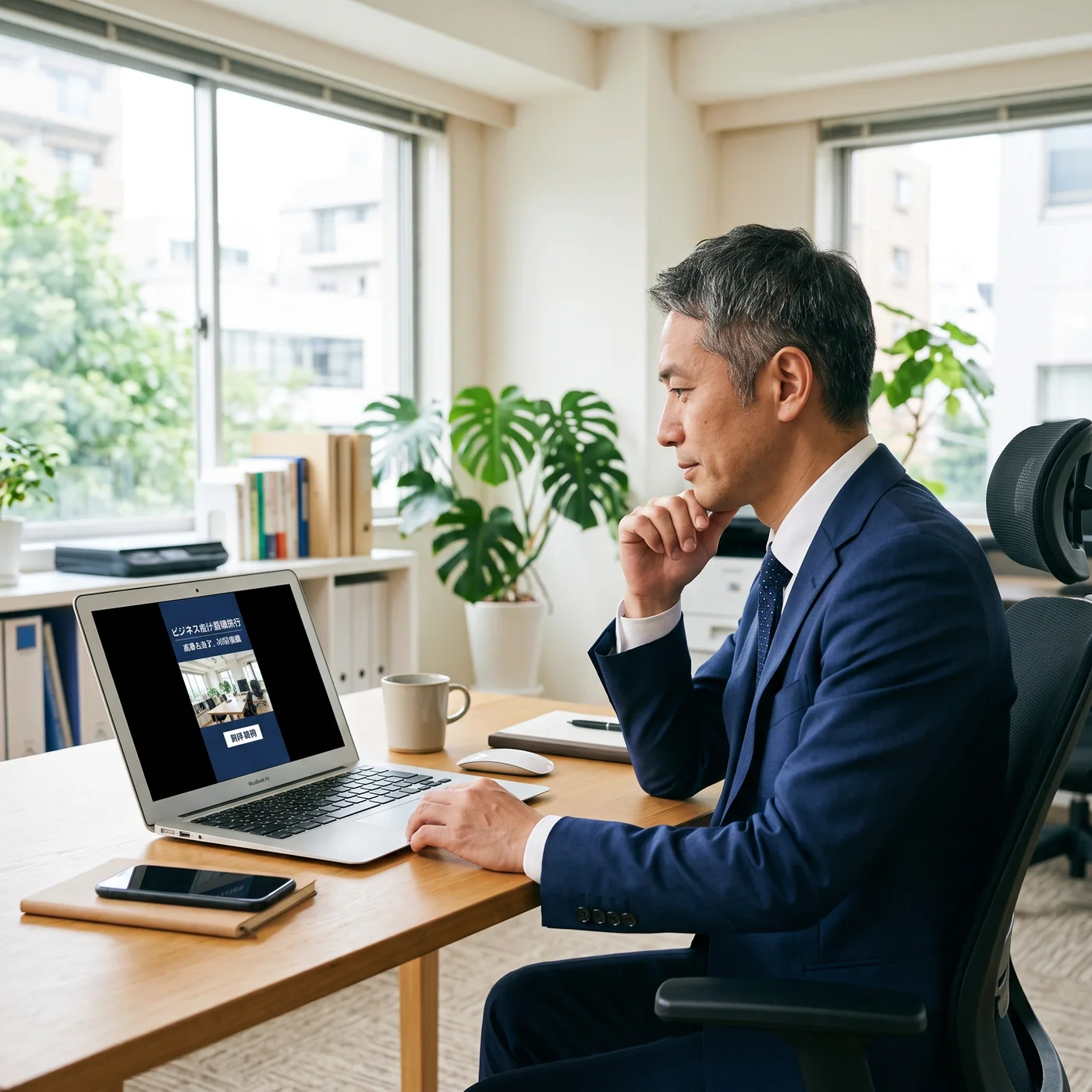 日本のオフィスで40代後半の男性経営者がノートパソコンの画面のグラフを落ち着いた表情で確認している横向きのシーン